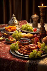 An array of traditional Iftar dishes laid out beautifully on a patterned tablecloth, including dates, samosas, fresh fruits, and traditional sweets created with Generative Ai