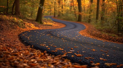 Winding forest road amidst autumn leaves at sunset - obrazy, fototapety, plakaty
