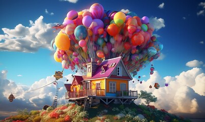 Photorealistic flying house, many details, Ultra detailed, octane render in sky neon collors. Generative Ai