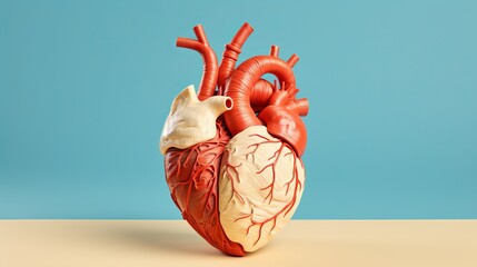Highly detailed human heart model on beige background for medical education and illustrations