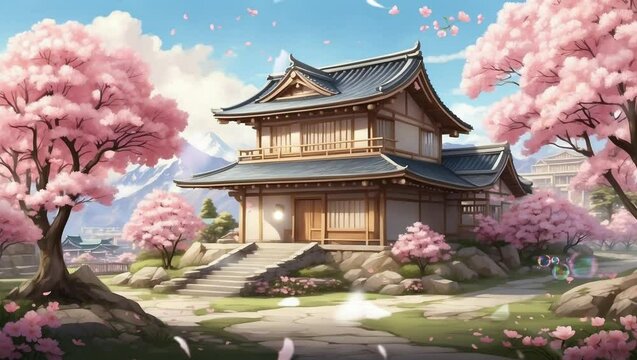 Japanese house in spring. Scattered cherry blossoms. Cartoon and anime vector painting illustration hand drawn style. Looping video 4k with animation background.