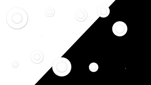 half tone circle animation with spin half screen white and half black. White buttons around scaling up and down