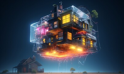 Photorealistic flying house, many details, Ultra detailed, octane render in sky neon collors. Generative Ai

