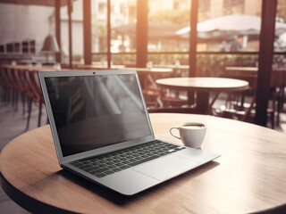 Fototapeta premium laptop on a wooden table 