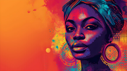 A retro futuristic graphic poster featuring a stunning African woman is perfect for Black History Month and promoting diversity in interior design.