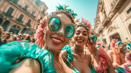 Gordijnen Brazilian female samba dancer taking a selfie at the carnival party - Model by AI generative © DisobeyArt