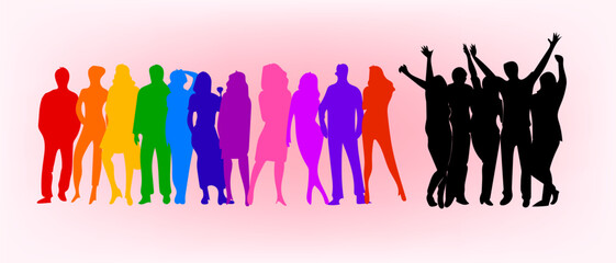 Silhoutte people standing on group vector illustration.