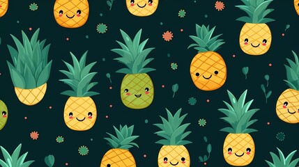 cute fruit pattern smiling pineapple on green background. generative ai