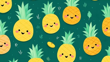 Obraz na płótnie Canvas cute fruit pattern smiling pineapple on green background. generative ai