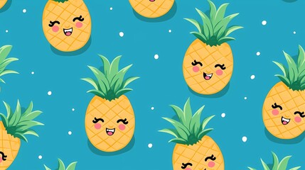 Obraz na płótnie Canvas cute fruit pattern smiling pineapple on blue background. generative ai