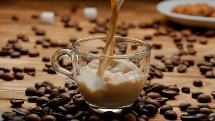 Streams of coffee and milk pour into a glass cup, filling it with an aromatic drink. Close up of a cup of coffee or milk tea on the kitchen table near coffee beans. Morning ritual, breakfast concept.