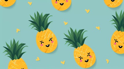 Obraz na płótnie Canvas cute fruit pattern smiling pineapple on blue background. generative ai