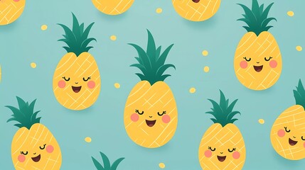 cute fruit pattern smiling pineapple on blue background. generative ai - obrazy, fototapety, plakaty