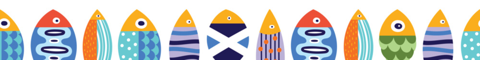 Vector seamless horizontal border with fish. Cute illustration.