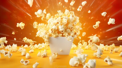 Flying popcorn from a bucket on a yellow background. - obrazy, fototapety, plakaty