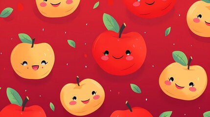cute fruit pattern smiling apple on red background