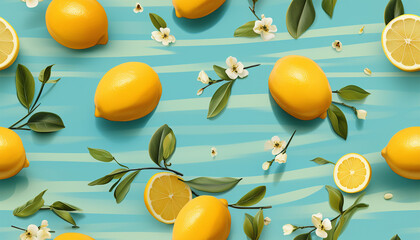 Lemon pattern light blue background. Watercolor seamless pattern with fresh ripe lemon with bright green leaves and flowers. Hand drawn cut citrus slices painting on light blue background. Summer