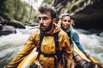 shot of a young man walking his girlfriend through the steps of white water rafting - obrazy, fototapety, plakaty