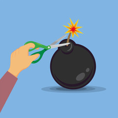 Hand cuts the lit fuse of a bomb with scissors. illustration, vector, cartoon, eps10. 
