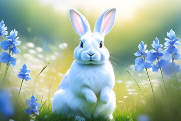 Fototapeta premium Easter cute white rabbit bunny sits on its hind legs and looks ahead at a field of grass with blue flowers