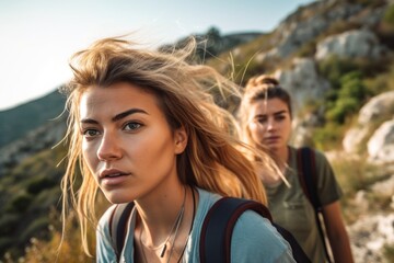 cropped shot of two young female friends going for a hike up a mountain - obrazy, fototapety, plakaty