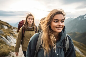 cropped shot of two young female friends going for a hike up a mountain - obrazy, fototapety, plakaty
