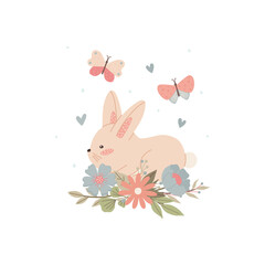 Cute minimalistic bunny with flowers butterfly. Childish little baby rabbit for design and kids print on t-shirt. Simple vector illustration.