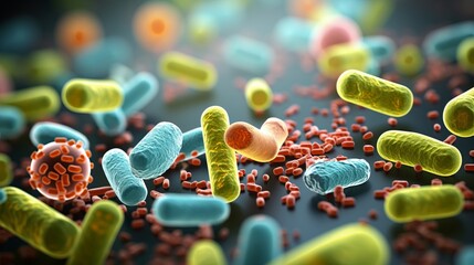 Close up of vibrant 3d microscopic bacteria  probiotics, oral bacteria, and their intricate world - obrazy, fototapety, plakaty