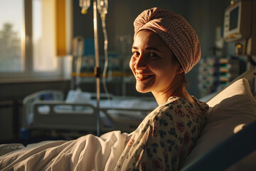 Happy cancer patient. Smiling woman after chemotherapy treatment at hospital oncology department. Breast cancer recovery. Breast cancer survivor. Smiling bald woman with pink headscarf. - obrazy, fototapety, plakaty