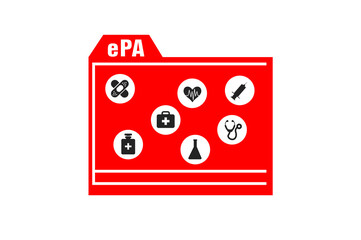 Eine rote Krankenakte mit dem Schriftzug ePA für elektronische Gesundheitsakte und verschiedenen Symbolen für Diagnostik Therapie