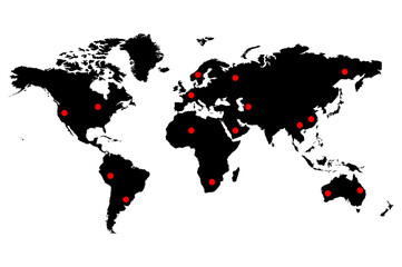 Weltkarte mit roten Punkten die Standorte oder weltweite Handelspunkte darstellen sollen