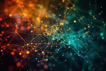 Abstract futuristic wave with colorful lines connecting dots. digital data communication background, cyber plexus design. Big data visualization.