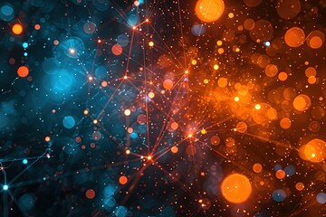 Abstract futuristic wave with colorful lines connecting dots. digital data communication background, cyber plexus design. Big data visualization.