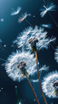 Dandelion seed head dispersing seeds into the wind natural background