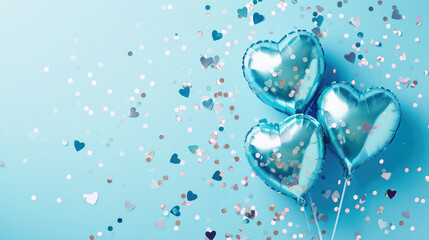 Generative AI, Foil blue balloons in heart shape and confetti for Valentine's day or wedding with copy space	
