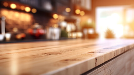 An empty brown wooden table on an abstract blurred background of the kitchen interior, for...