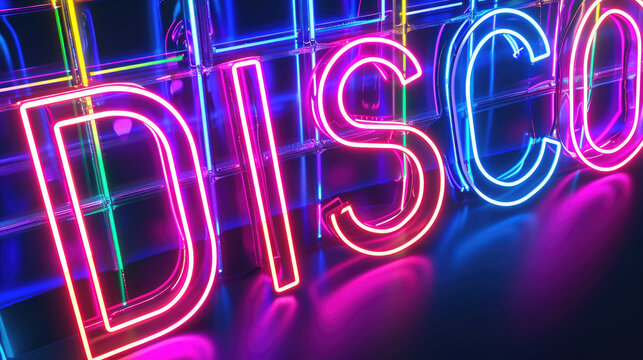 Vibrant purple neon DISCO sign in retro 90s style glowing maximalist background - Powered by Adobe