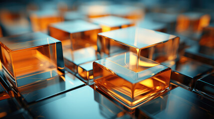 3D abstract background of reflective teal and orange glass cubes with copy space