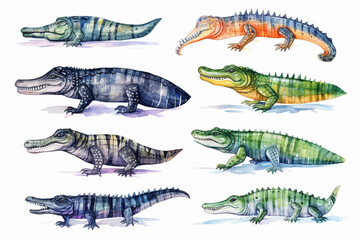 Set Of Watercolor paintings Crocodile on white background. 