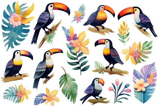 Set Of Watercolor paintings Toucan bird on white background. 