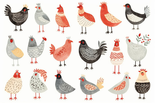 Set Of Watercolor paintings Chicken on white background. 