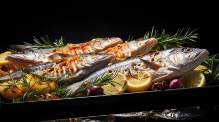 Roasting pan with whole fish, lemon slices, and herbs prepared for cooking