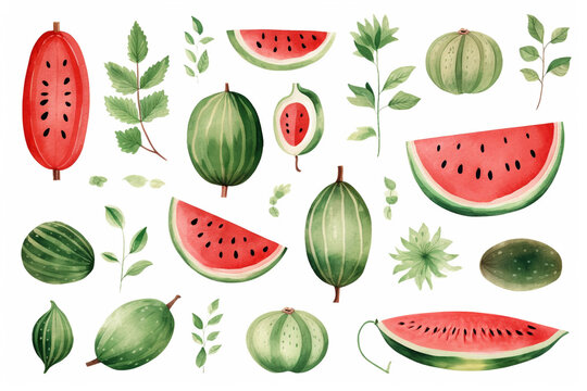 Watercolor painting Watermelon symbols On a white background. 