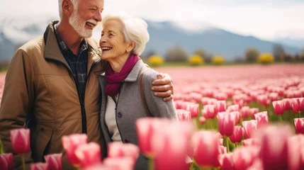 Muurstickers Joyful mature couple in red tulip flowers spring blooming field sharing a moment © dvoevnore