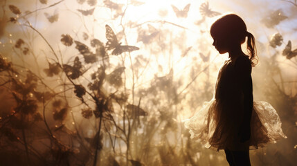 Little girl profile with butterflies flying from head, concept of dreams