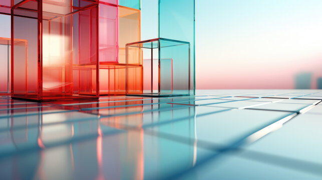 Fototapeta 3D abstract background of reflective blue and pink glass cubes with copy space