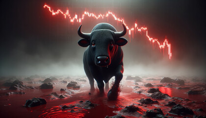 black bull trying to make it's way through red foggy marshes, red falling stock chart in the background. Bull is scared and unsure of himself in this bad economy