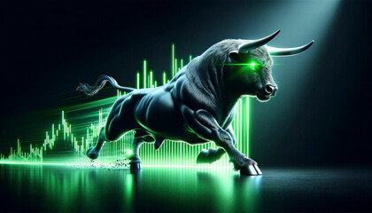 black bull charging and taking the stock to new all time highs. Stock market rally. Green rising charts in the background - obrazy, fototapety, plakaty