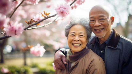 Joyful mature couple surrounded by pink spring blossoms sharing a moment