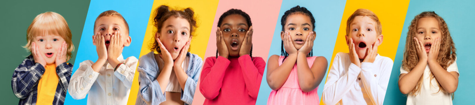 Collage made of portraits of different little children, boys ad girls expressing shock and surprise over multicolored background. Concept of childhood, emotions, lifestyle, friendship